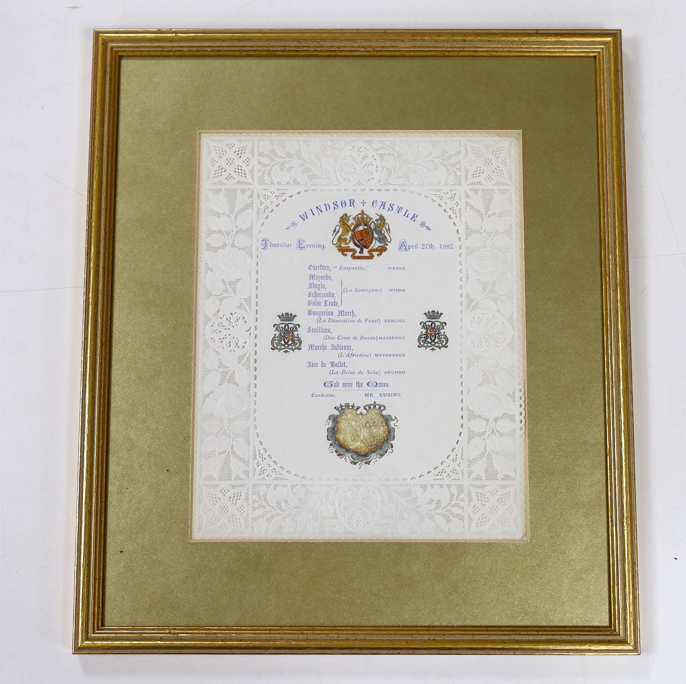 Royal interest - 19th century pierced paper opera programme, Windsor Castle, 27th April, 1882, impressed Ortner & Houle, 25 x 19.5cm